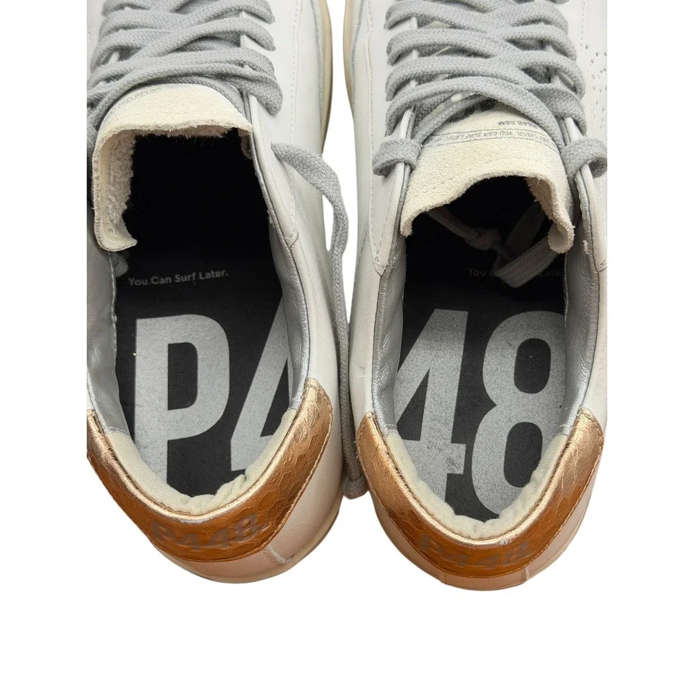 P448 John Sneakers Womens SZ 37 White Gold Low Top Leather Italian Athleisure